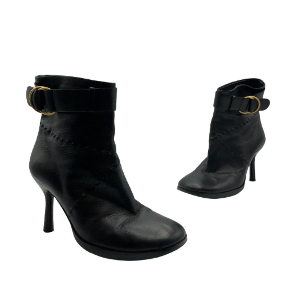 Auth. Chanel Womens Round Toe Ankle Bootie Leather Boots Shoes Black Sz.6.5B